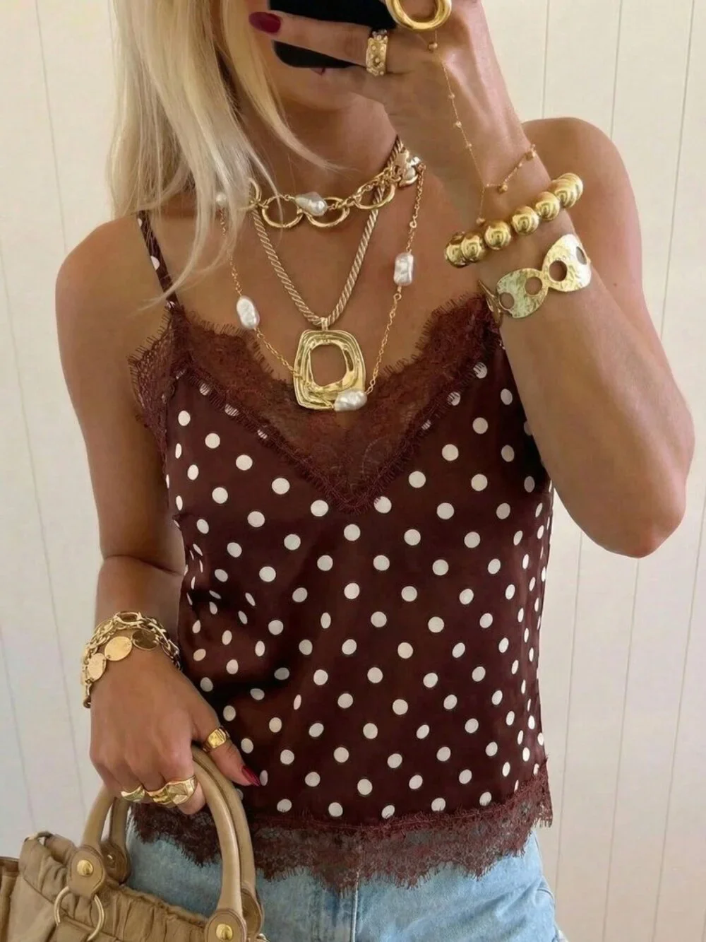 Coffee Brown Casual Women's Polka Dot & Lace Patchwork Camisole top
